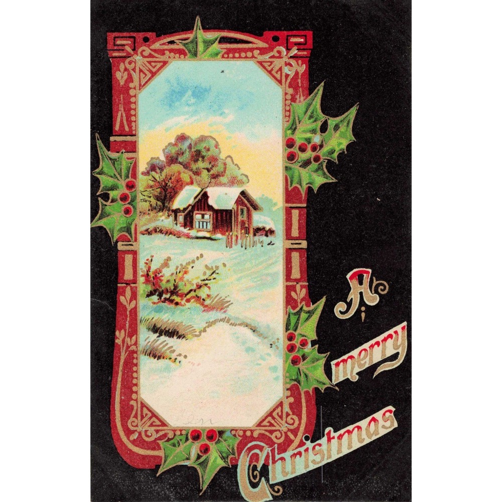 Vintage A Merry Christmas Postcard Snowy Cabin Holly Berries Printed In Germany - Picture 1 of 2